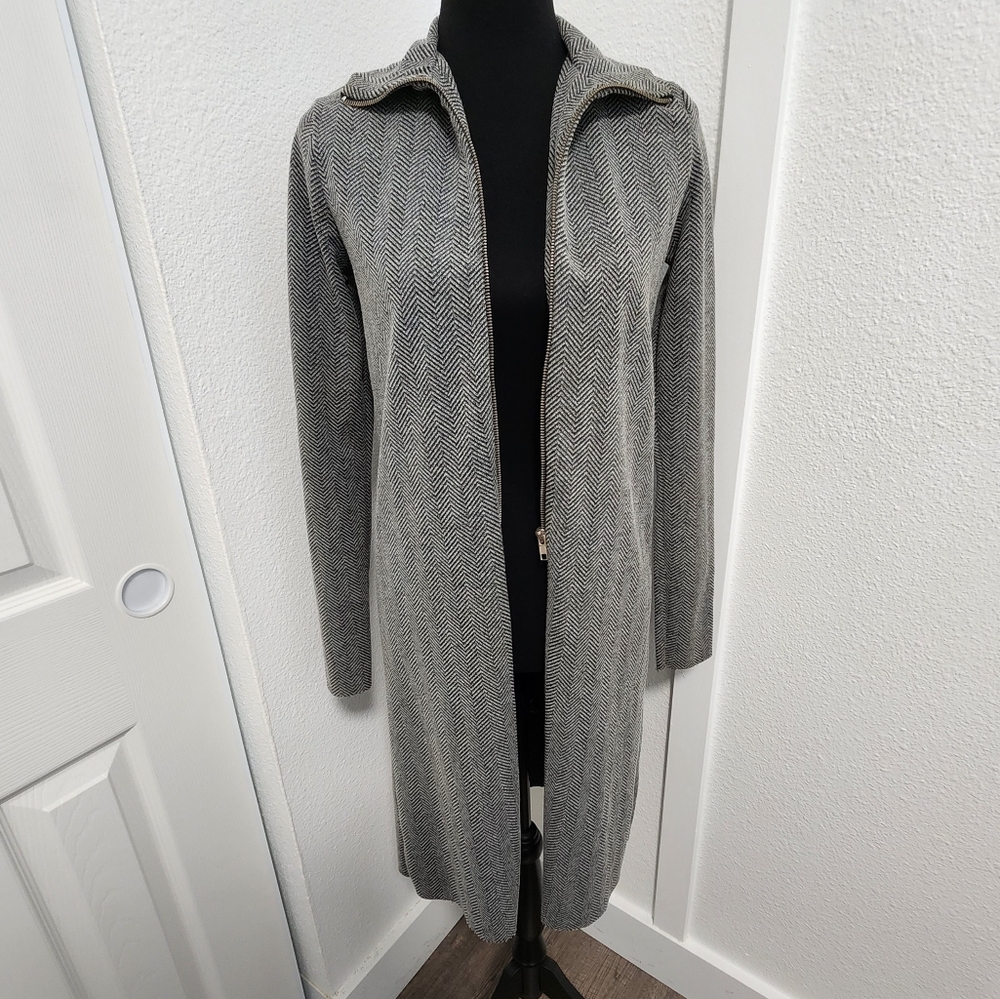 Zara Trafaluc Herringbone Zip Front Raw Hem Duster
